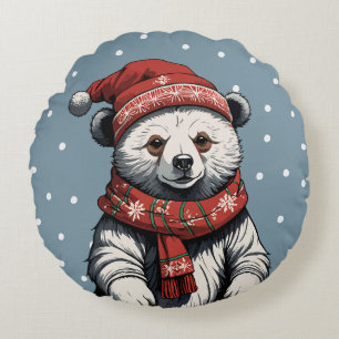 Cute Bear cub with Beanie and Scarf in Snow Fall Round Cushion