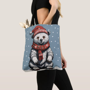 Cute Bear cub with Beanie and Scarf in Snow Fall Tote Bag