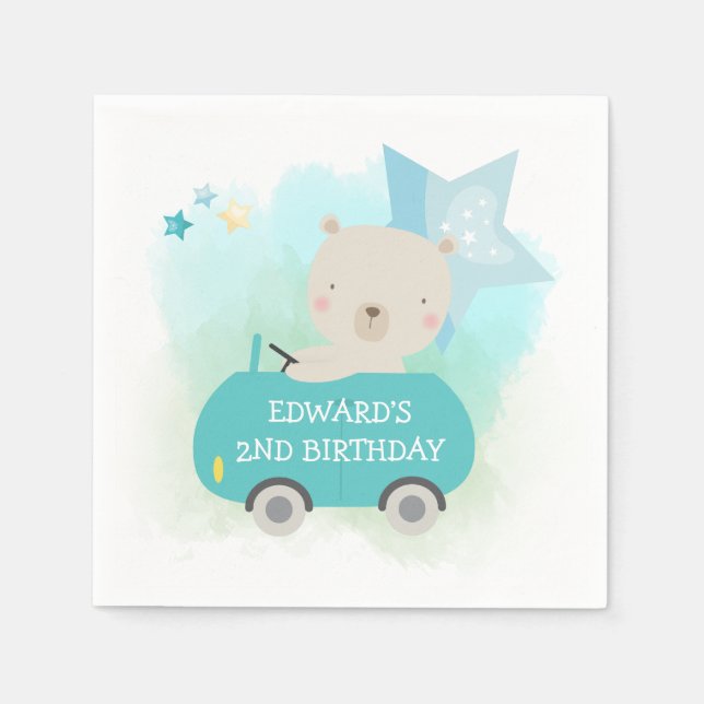Cute Bear Driving Car Boys Birthday Party Napkin (Front)