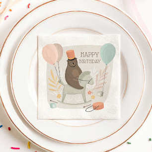 Cute bear drummer on wooden horse. Happy birthday Napkin