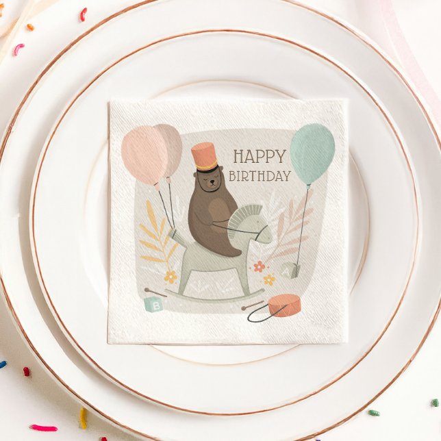 Cute bear drummer on wooden horse. Happy birthday Napkin (Creator Uploaded)