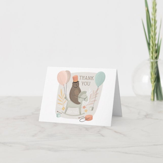 Cute bear drummer on wooden horse. Kids birthday Thank You Card (Front)