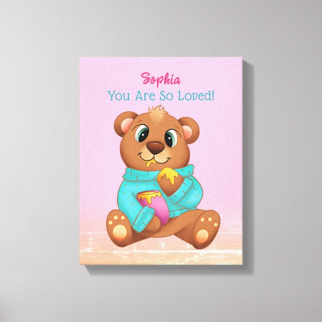 Cute Bear Eating Honey, Child's Name/Message, Pink Canvas Print (Front)