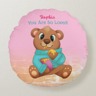 Cute Bear Eating Honey, Child's Name & Message Round Cushion