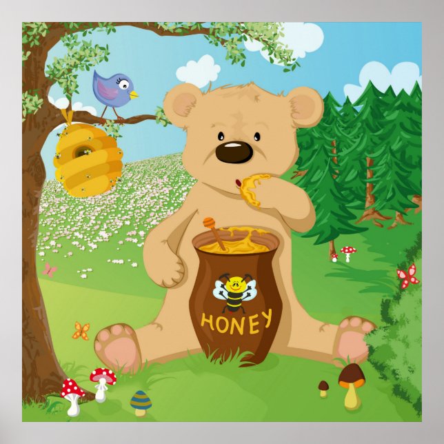 Cute bear eating honey poster (Front)