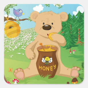 Cute bear eating honey square sticker
