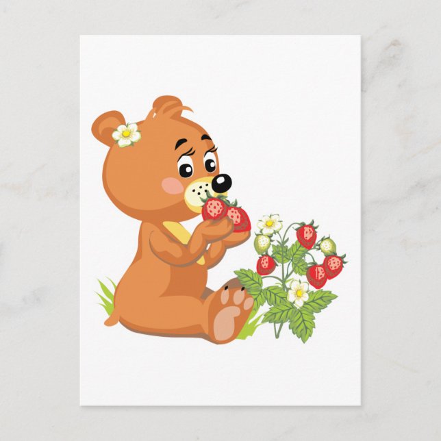 cute bear eating strawberries postcard (Front)