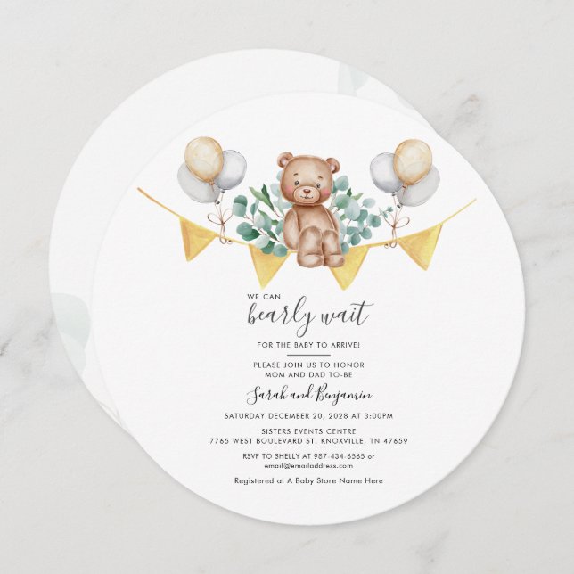 Cute Bear Eucalyptus Couple Baby Shower Botanical Invitation (Front/Back)