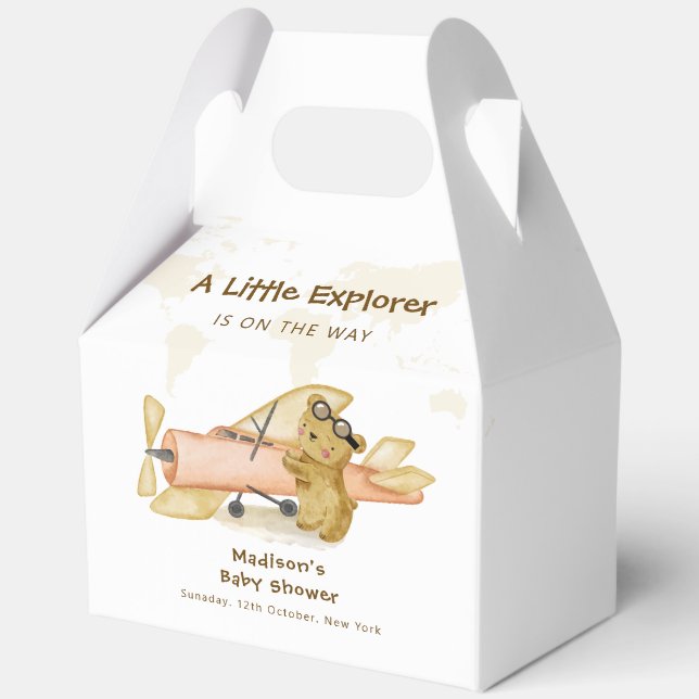 Cute Bear Explorer World Map Airplane Baby Shower  Favour Box (Front)