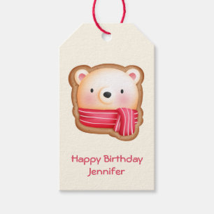 Cute Bear Face in a Red Scarf Birthday Cookie Gift Tags