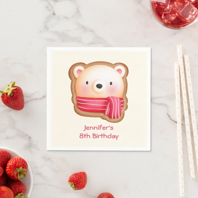 Cute Bear Face in a Red Scarf Birthday Napkin (Insitu)
