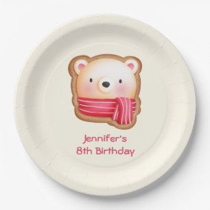Cute Bear Face in a Red Scarf Birthday Paper Plate