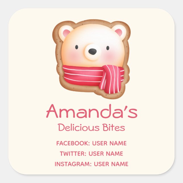 Cute Bear Face in a Red Scarf Business Square Sticker (Front)