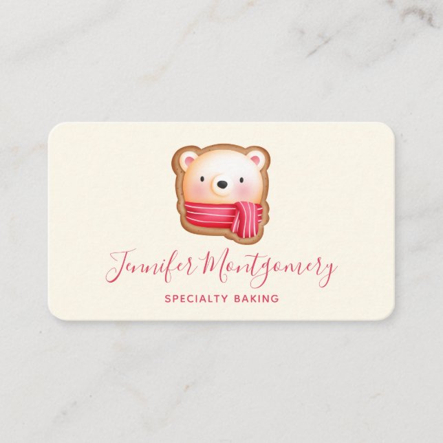 Cute Bear Face in a Red Scarf Christmas Cookie Business Card (Front)