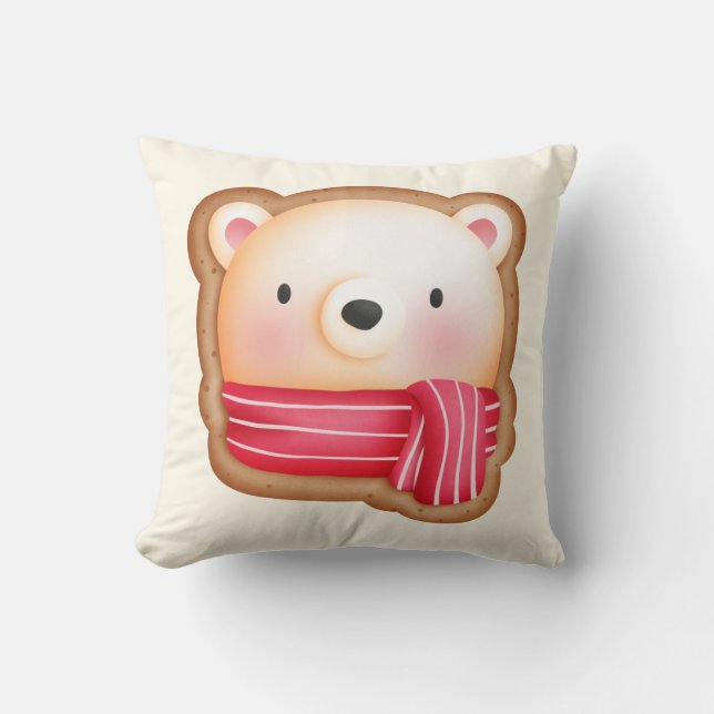 Cute Bear Face in a Red Scarf Christmas Cookie Cushion (Front)