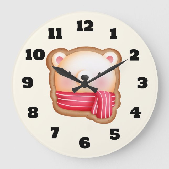 Cute Bear Face in a Red Scarf Christmas Cookie Large Clock (Front)