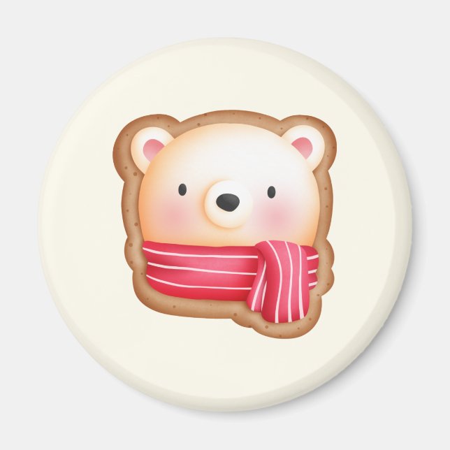 Cute Bear Face in a Red Scarf Christmas Cookie Magnet (Front)