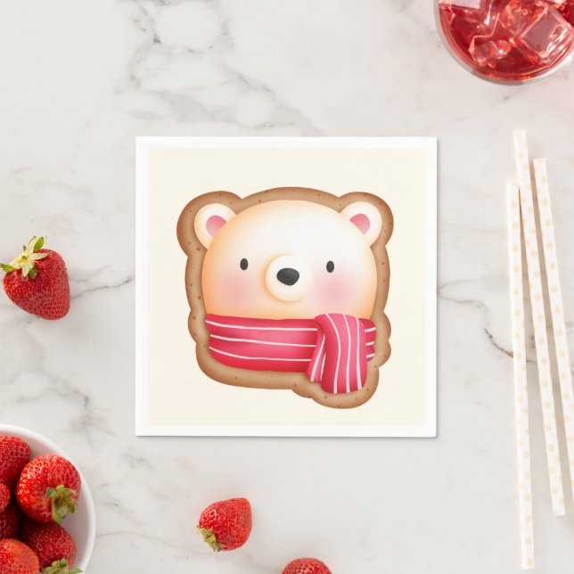 Cute Bear Face in a Red Scarf Christmas Cookie Napkin (Insitu)