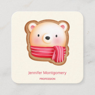 Cute Bear Face in a Red Scarf Christmas Cookie Square Business Card