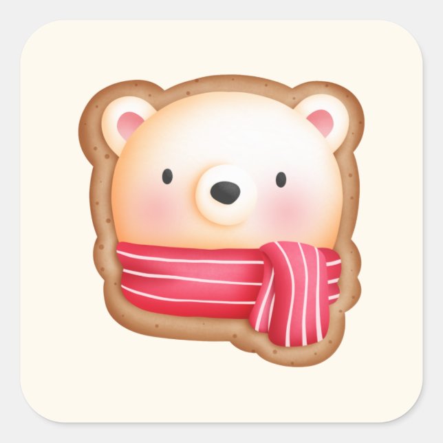 Cute Bear Face in a Red Scarf Christmas Cookie Square Sticker (Front)