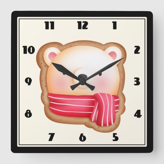Cute Bear Face in a Red Scarf Christmas Cookie Square Wall Clock (Front)