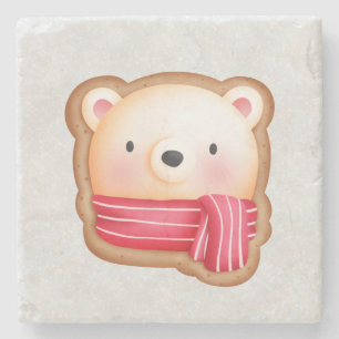 Cute Bear Face in a Red Scarf Christmas Cookie Stone Coaster