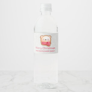 Cute Bear Face in a Red Scarf Christmas Cookie Water Bottle Label