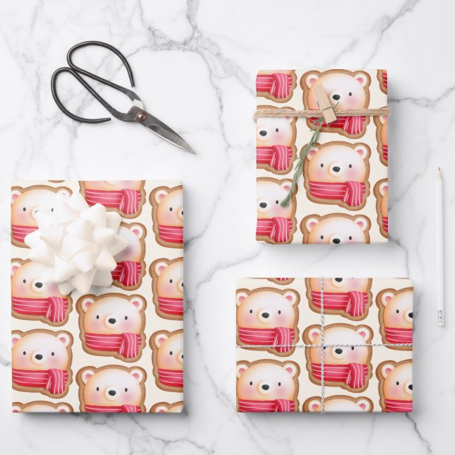 Cute Bear Face in a Red Scarf Christmas Cookie Wrapping Paper Sheet (Front)