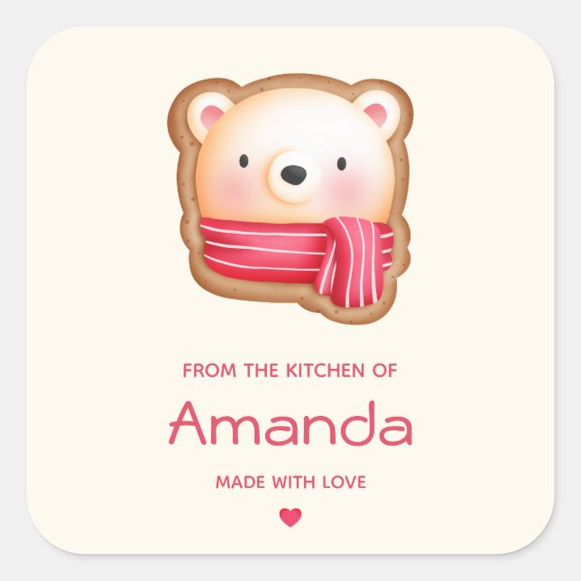Cute Bear Face in a Red Scarf Christmas Kitchen Square Sticker (Front)
