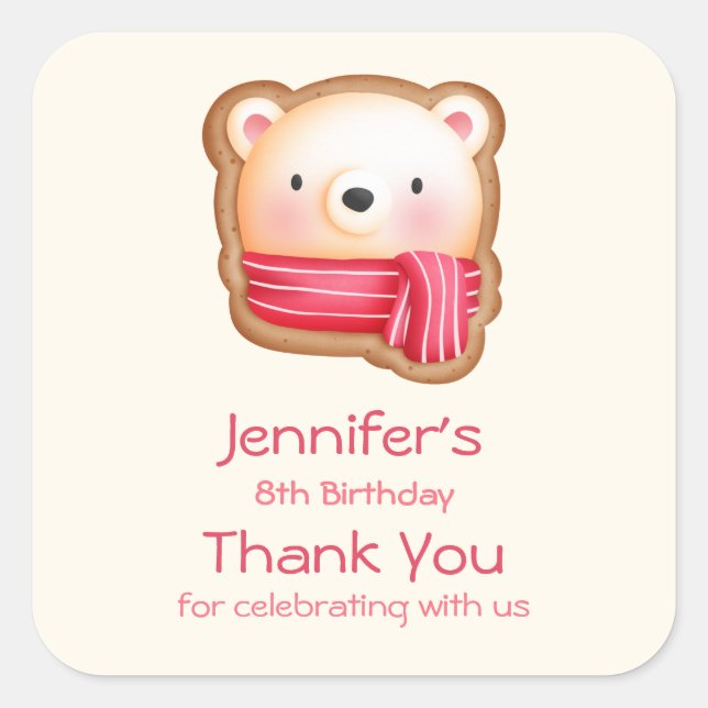 Cute Bear Face in a Red Scarf Party Thank You Square Sticker (Front)