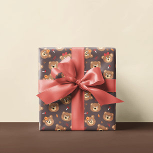 Cute Bear Face Pattern   Brown Wrapping Paper