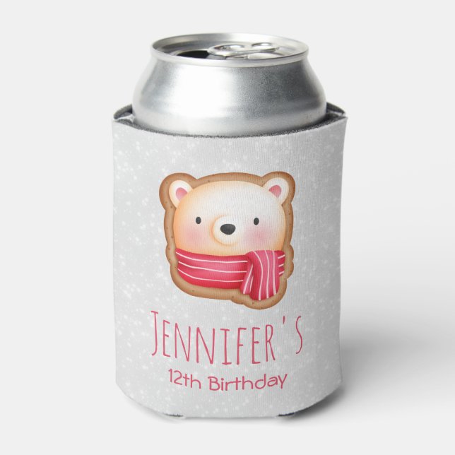 Cute Bear Face Red Scarf & Rosy Cheeks Birthday Can Cooler (Can Front)