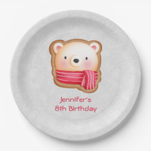 Cute Bear Face Red Scarf & Rosy Cheeks Birthday Paper Plate