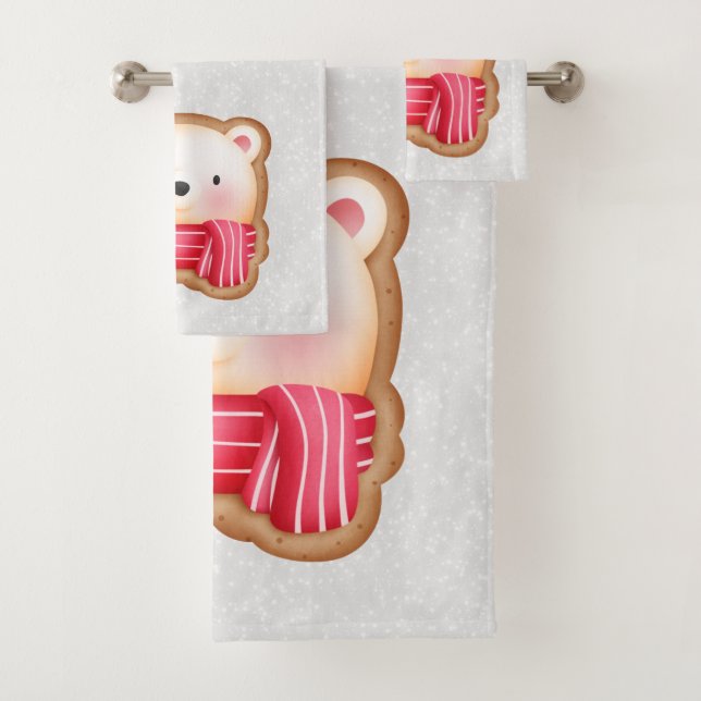 Cute Bear Face Red Scarf & Rosy Cheeks Christmas Bath Towel Set (Insitu)