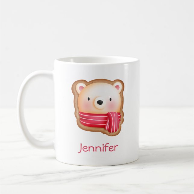 Cute Bear Face Red Scarf & Rosy Cheeks Christmas Coffee Mug (Left)