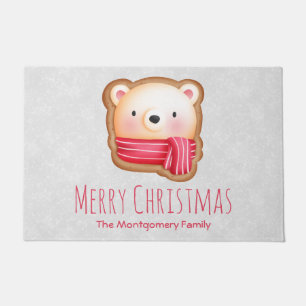 Cute Bear Face Red Scarf & Rosy Cheeks Christmas Doormat
