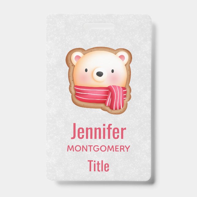 Cute Bear Face Red Scarf & Rosy Cheeks Christmas ID Badge (Front)