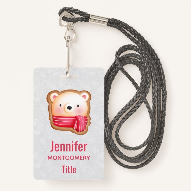 Cute Bear Face Red Scarf & Rosy Cheeks Christmas ID Badge (Front with Lanyard)