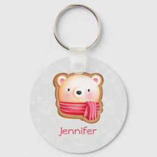 Cute Bear Face Red Scarf & Rosy Cheeks Christmas Key Ring