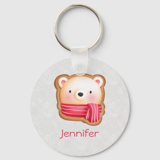Cute Bear Face Red Scarf & Rosy Cheeks Christmas Key Ring (Front)
