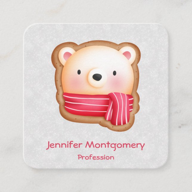 Cute Bear Face Red Scarf & Rosy Cheeks Christmas Square Business Card (Front)