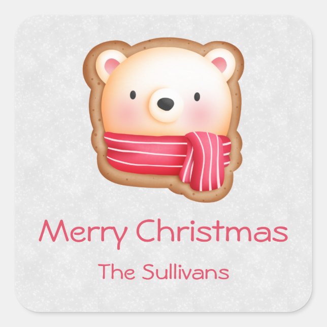 Cute Bear Face Red Scarf & Rosy Cheeks Christmas Square Sticker (Front)