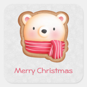 Cute Bear Face Red Scarf & Rosy Cheeks Christmas Square Sticker