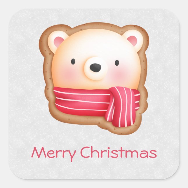 Cute Bear Face Red Scarf & Rosy Cheeks Christmas Square Sticker (Front)