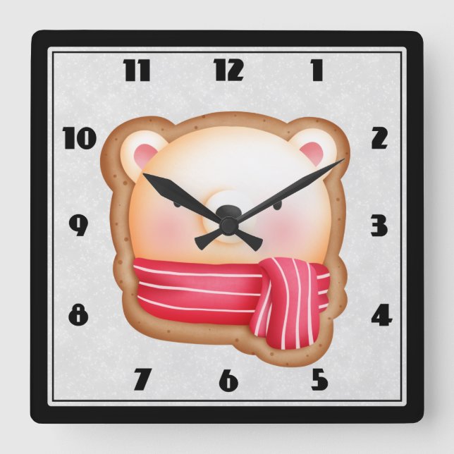Cute Bear Face Red Scarf & Rosy Cheeks Christmas Square Wall Clock (Front)