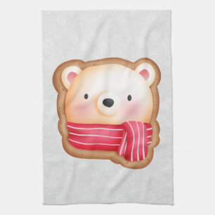 Cute Bear Face Red Scarf & Rosy Cheeks Christmas Tea Towel