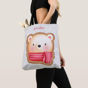 Cute Bear Face Red Scarf & Rosy Cheeks Christmas Tote Bag