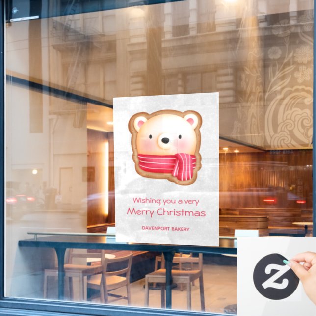 Cute Bear Face Red Scarf & Rosy Cheeks Christmas Window Cling (Cafe Window)