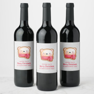 Cute Bear Face Red Scarf & Rosy Cheeks Christmas Wine Label