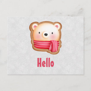 Cute Bear Face Red Scarf & Rosy Cheeks Hello Postcard